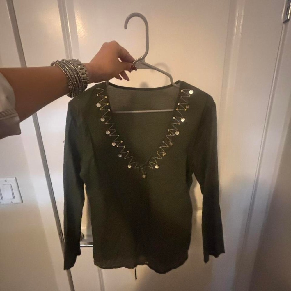 Khaki green long sleeve top with silver and gold beaded detailing - Picture 5 of 8